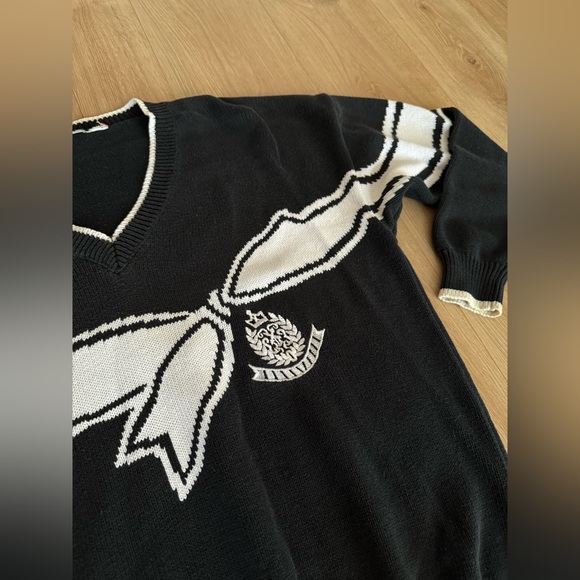 Vintage Black Knit Bow Sweater Holiday V Neck - Picture 3 of 5